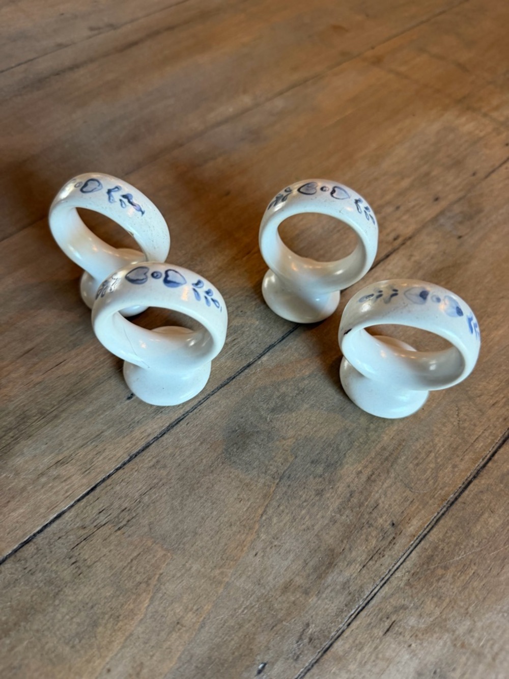 Pfaltzgraff White Ceramic Napkin Rings with Blue Floral Motif